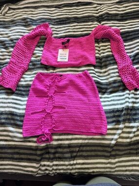 Pink Crochet Two-Piece Top & Skirt Set